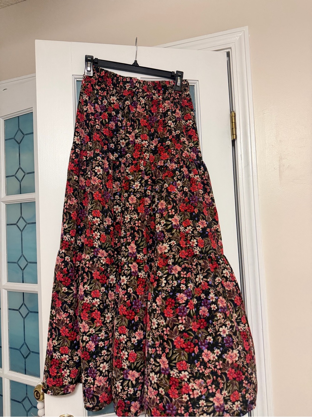 Floral Tiered Maxi Skirt in Black with Red & Pink Blooms